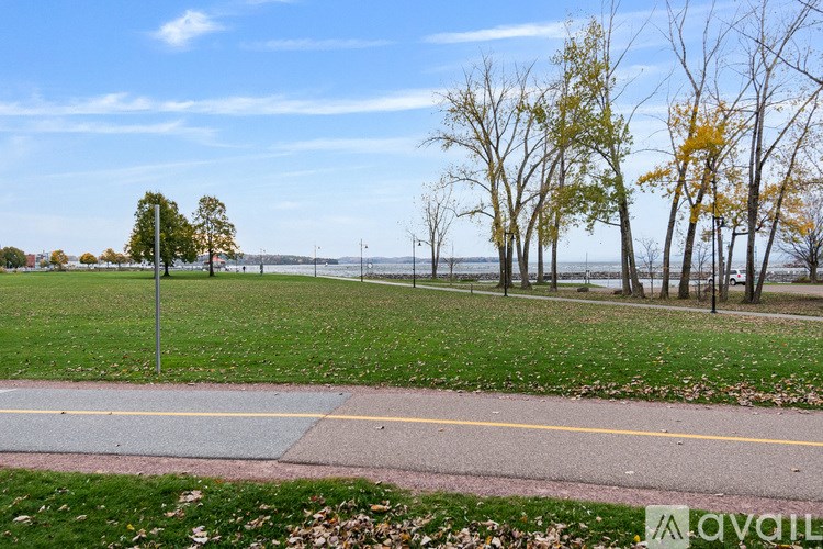 A grassy area with trees and a body of water in the distance.