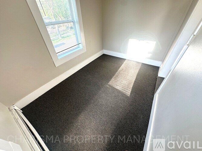 A room with a carpeted floor and a window letting in sunlight.