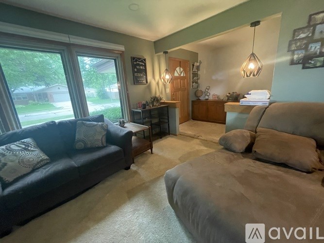 A living room with a grey couch and a brown sofa.