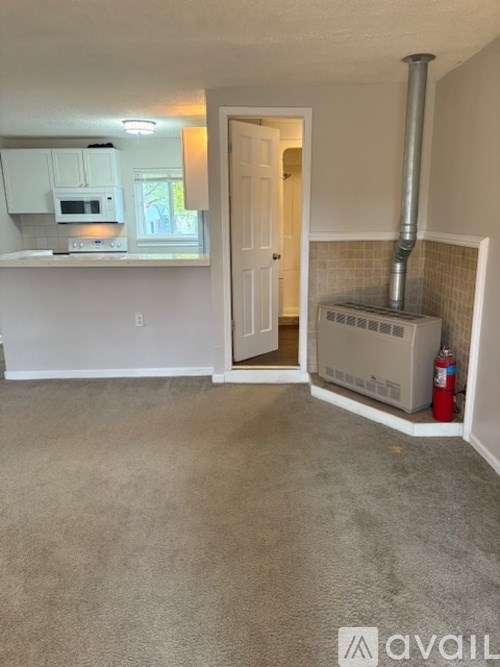 A room with a carpeted floor and a white door.