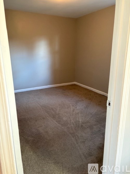 A room with brown walls and carpeted floor.