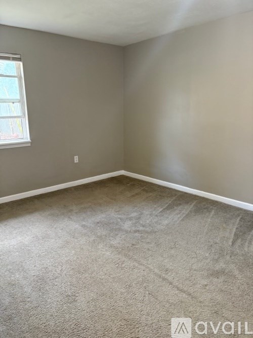 A room with a carpeted floor and a window.