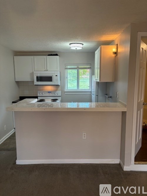 A kitchen with white cabinets and a countertop.