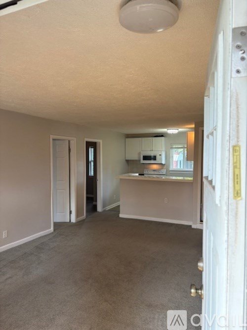 A room with a white door and a microwave on the counter.