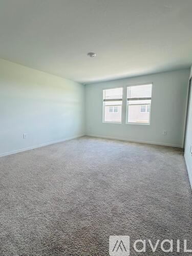 A room with a carpeted floor and a window with blinds.