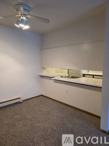 A room with a carpeted floor and a ceiling fan.