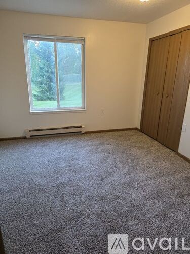 A room with a carpeted floor, a window, and a door.