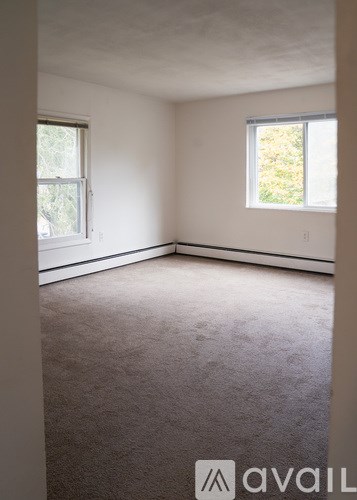 A room with a carpeted floor and two windows.