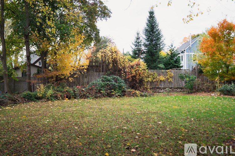 A backyard with a fence and trees.