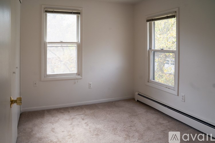 A room with two windows and a carpeted floor.