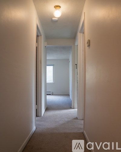 A hallway with a carpeted floor and white walls.