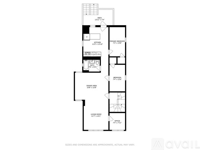A floor plan of an apartment with a living room, dining area, kitchen, and two bedrooms.