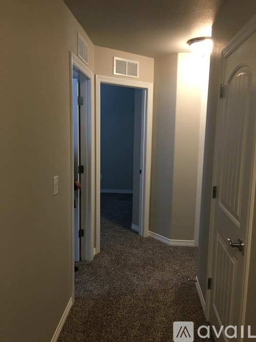 A hallway with a carpeted floor and a door on the right.