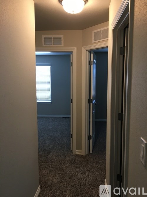 A hallway with a carpeted floor and two doors.