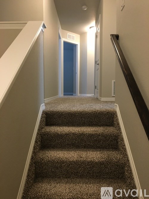 A staircase with a carpeted runner and a wooden handrail.