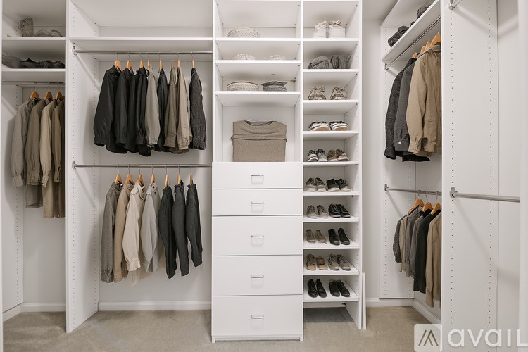 A white closet with clothes and shoes organized on shelves and drawers.