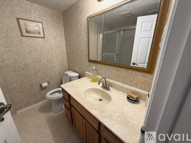 A bathroom with a toilet, sink, and mirror.