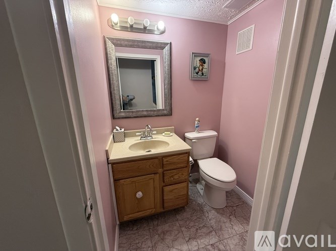 A bathroom with pink walls has a sink, toilet, and mirror.