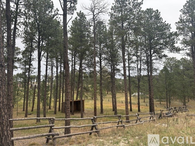 A forest with a fence and a small building in the middle.