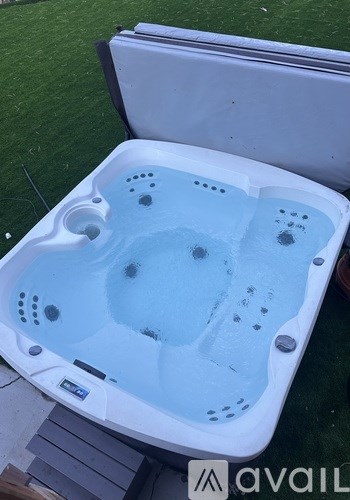 A hot tub with a blue interior is shown with the lid open.