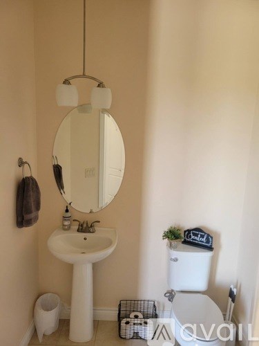 A white pedestal sink with a round mirror above it.