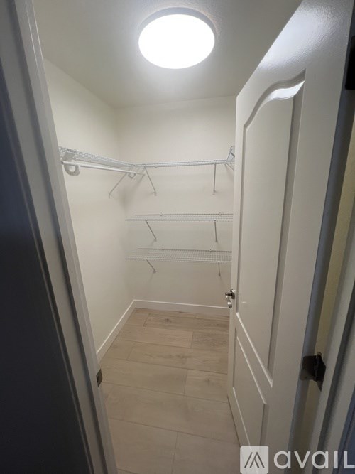 A small, empty walk-in closet with a light on the ceiling.