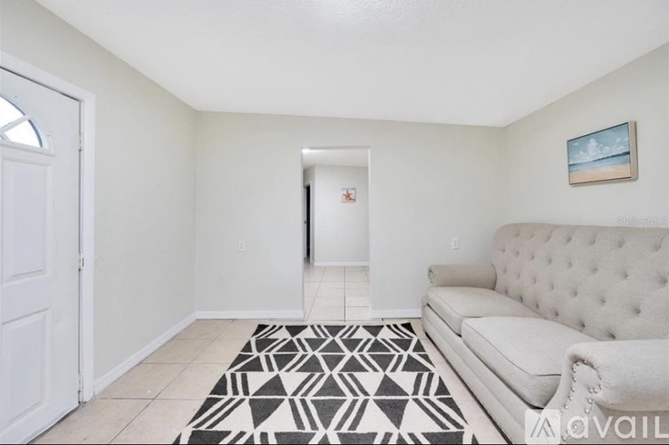 A living room with a white couch and a black and white rug.
