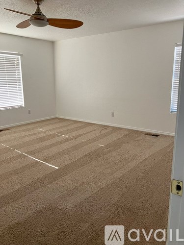 A room with a carpeted floor and a ceiling fan.