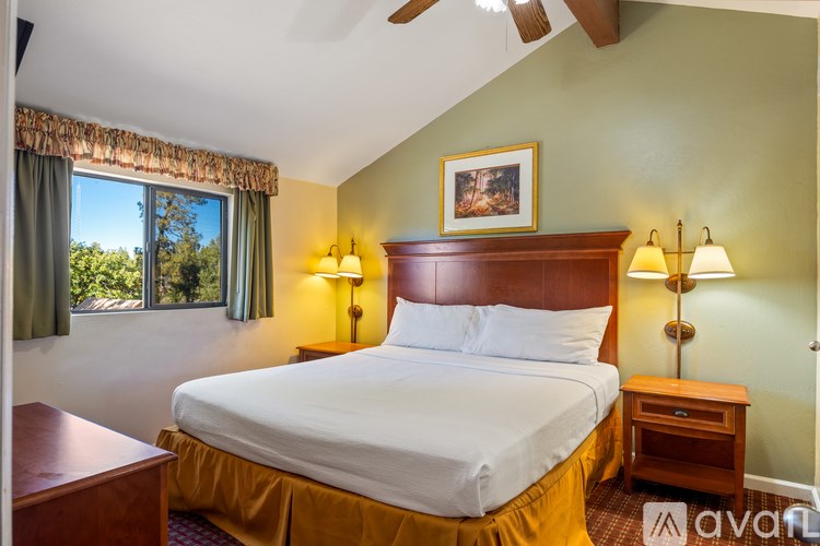 A well-lit bedroom with a large bed and a window overlooking a tree-filled landscape.