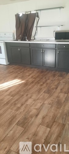 A kitchen with wooden floors and black cabinets.
