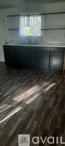 A kitchen with dark wood flooring and cabinets.