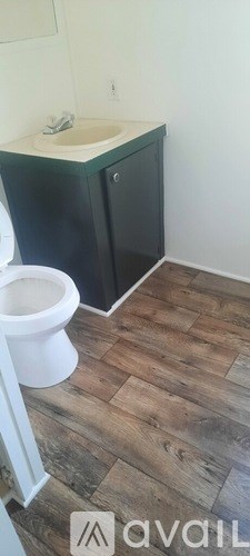 A bathroom with a white toilet and a wooden floor.