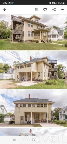 A series of images showcasing different angles of a two-story house with a balcony and a chimney.