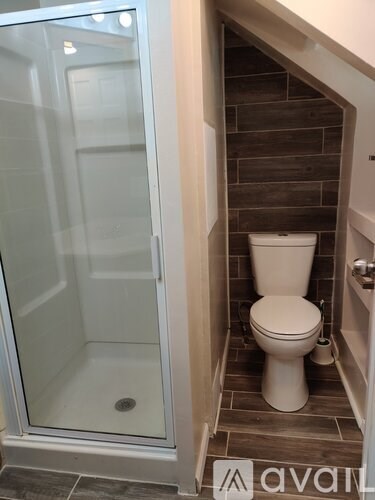 A white toilet is in a small bathroom with a walk-in shower.