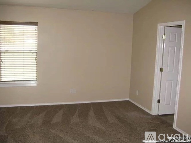 A room with a carpeted floor, a door, and a window with blinds.