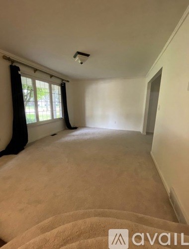 A room with a carpeted floor and a staircase leading to another room.