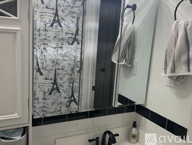 A bathroom with a shower curtain featuring the Eiffel Tower.