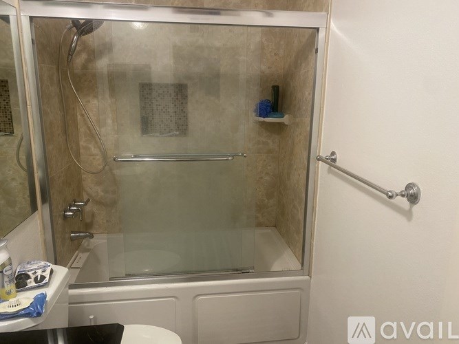 A bathroom with a glass shower door and a white toilet.