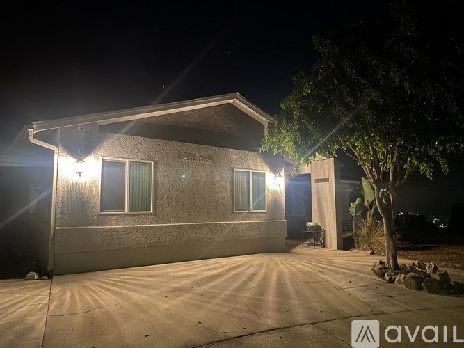 A house is lit up at night with a tree to the right.