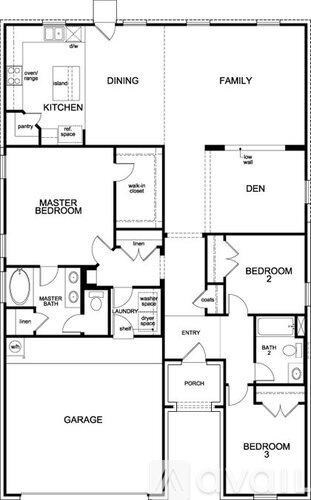 A floor plan of a house with a garage and three bedrooms.