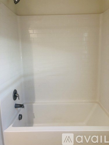 A white bathtub with a black faucet and a black handle.