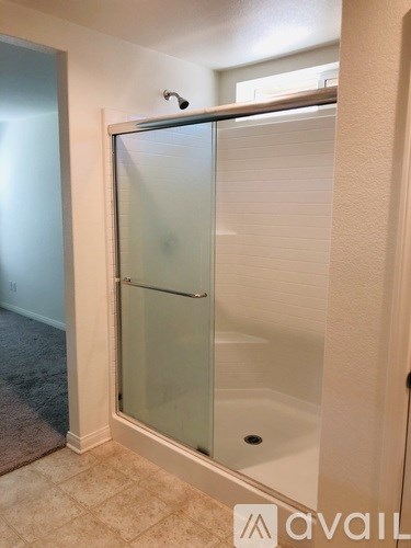 A bathroom with a glass shower door and a carpeted floor.