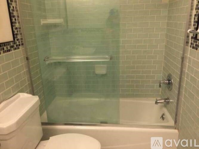 A bathroom with a toilet, a glass shower door, and a white bathtub.