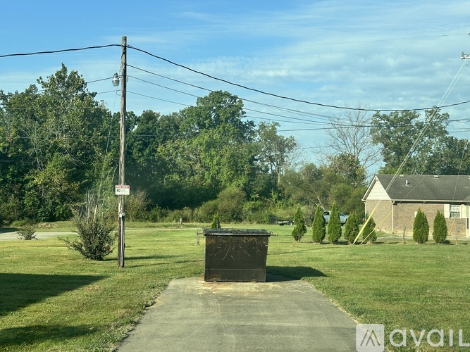 A road leads to a trash can in the middle of a grassy area.