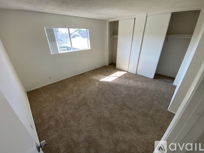 A room with a carpeted floor and a window letting in sunlight.