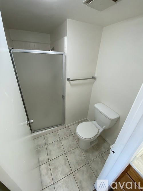 A small bathroom with a toilet and a walk-in shower.