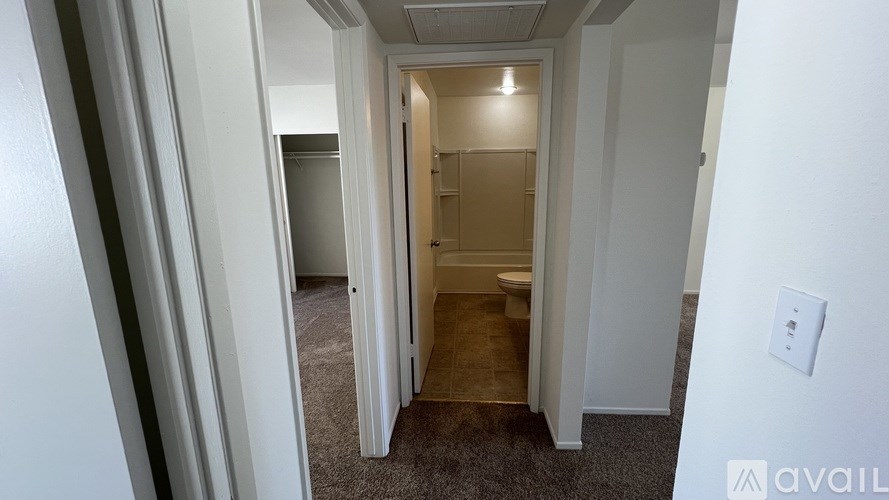A hallway with a toilet visible in the distance.