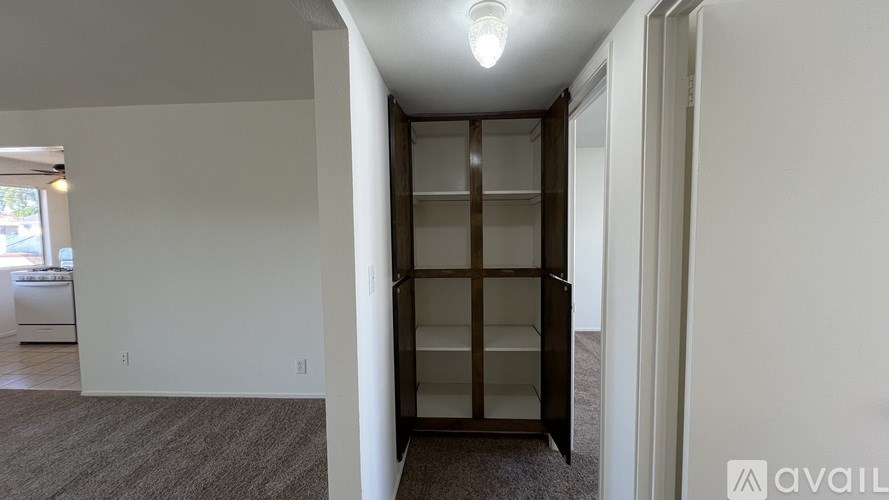 A room with a carpeted floor and a wall-mounted shelf.