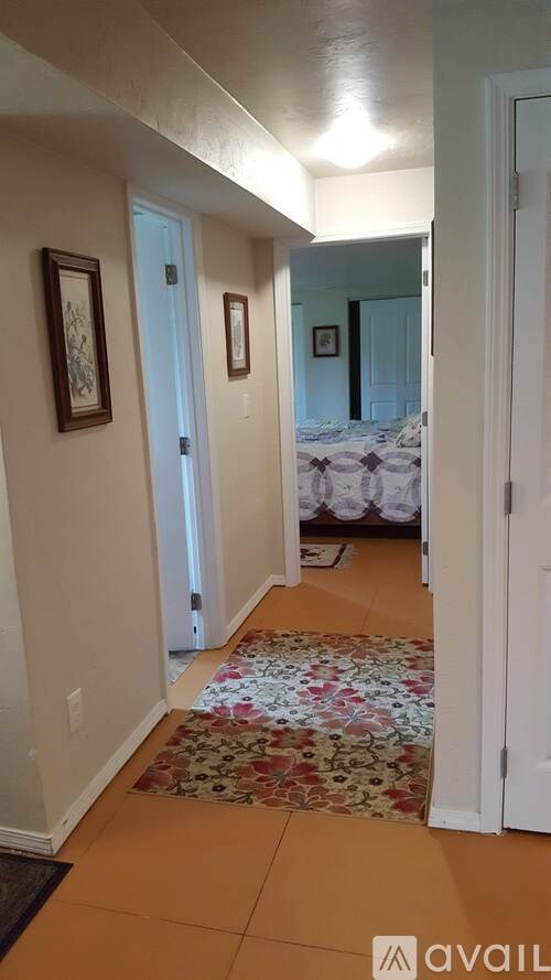 A hallway with a rug on the floor and pictures on the wall.