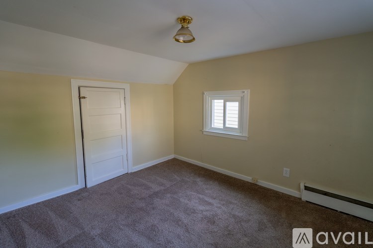 A room with a carpeted floor, a door, a window, and a ceiling light fixture.